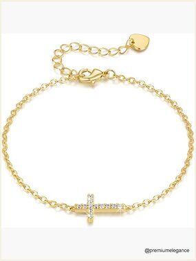 Gold Plated Adjustable Cross Bracelet with CZ